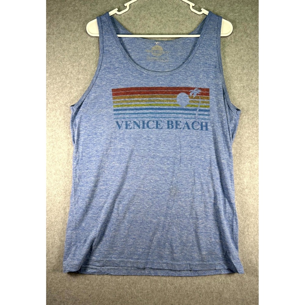 Venice Beach Los Angeles Tank Top Mens XL Heather Blue Sunset Palm Tree Graphic
